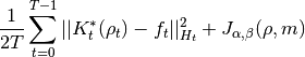 \frac{1}{2T} \sum_{t=0}^{T-1} || K_t^*(\rho_t) - f_t ||_{H_t}^2 +
J_{\alpha, \beta}(\rho, m)